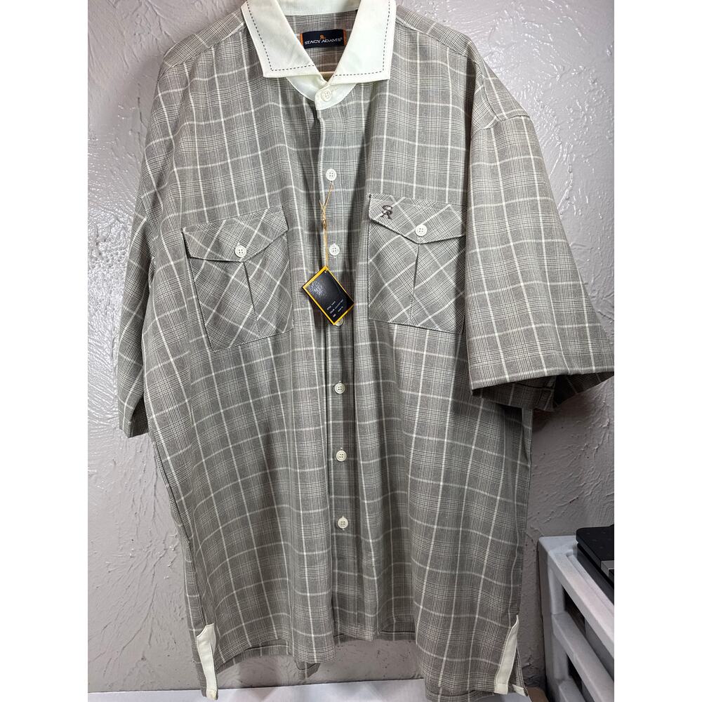 Stacy Adams Mens Shirt Short Sleeve Gold off White Plaid Collar Button Up Sz 4X